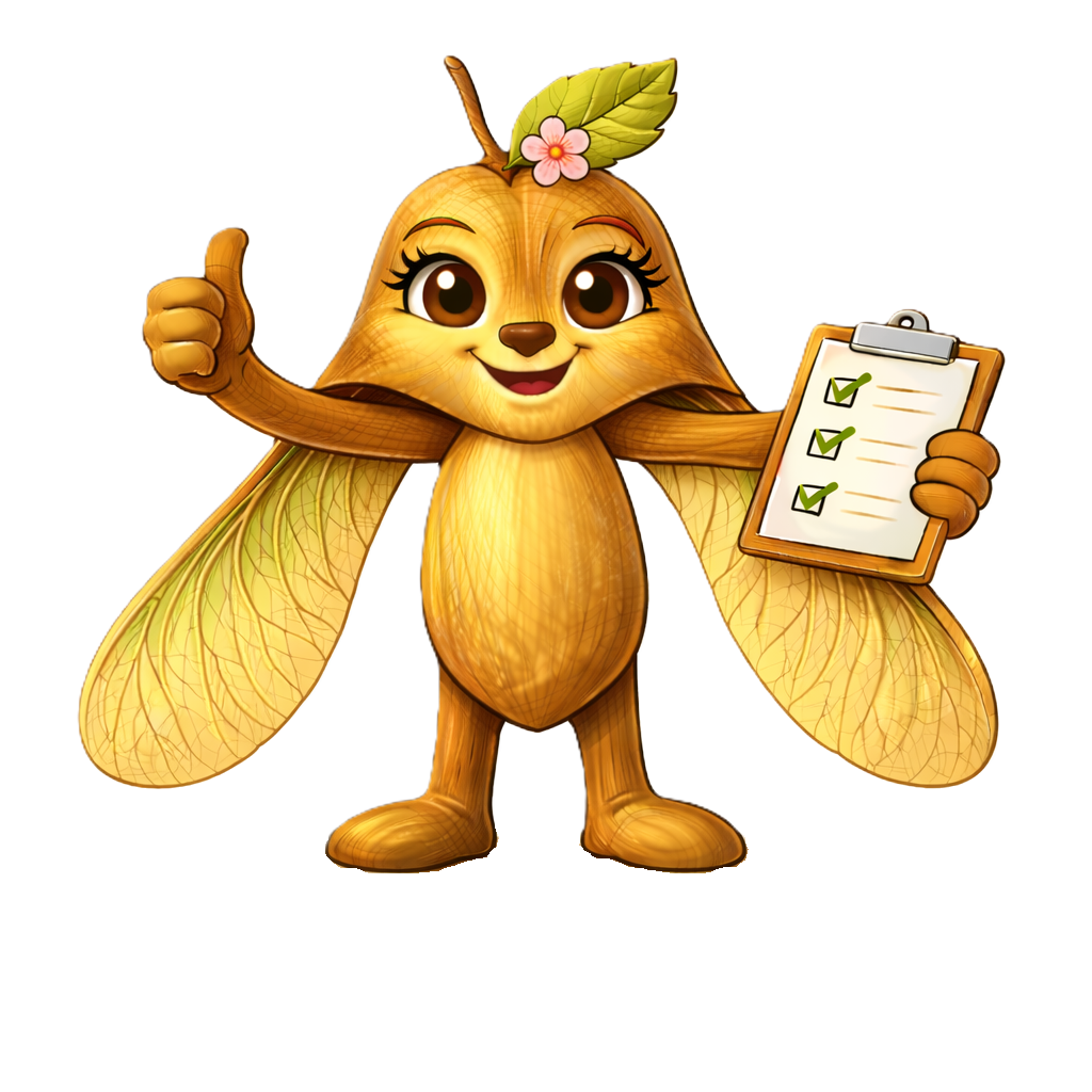 Maple the mascot holding a clipboard beside a RewardRoots overview card