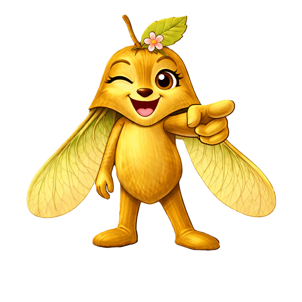 Maple the mascot smiling inside a bright autumn hero scene